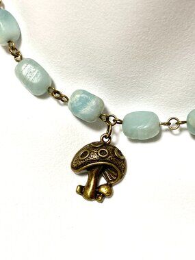 Light Teal Amazonite Short Necklace, Gemstone & Bronze Round Mushroom Charm